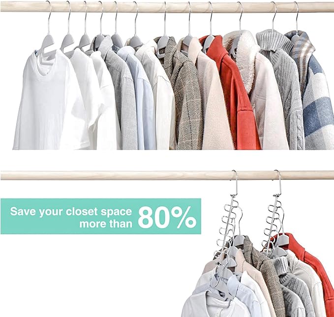 KLEVERISE 8 Pack Metal Space Saving Hangers, Stainless Steel Hangers Space Saving for Clothes, Magic Cascading Space Saving Closet Clothing Hanger Organizer Space Saver, College Dorm Essentials