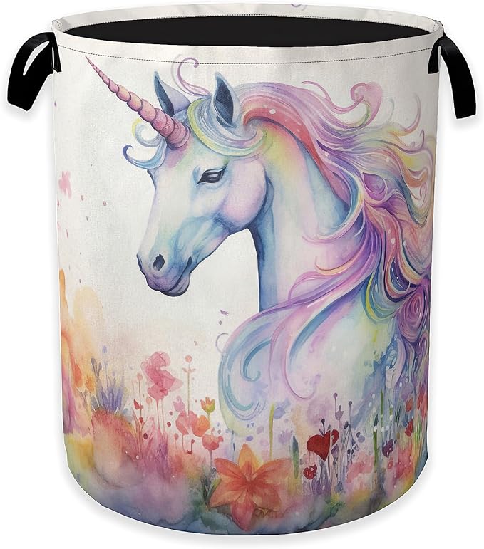 Watercolor Unicorn Laundry Hamper,Girls Colorful Flower Clothes Hamper for Laundry,Waterproof Oxford Toy Storage Collapsible Hampers for Bedroom, Dorm Room,Bathroom,16x20 Inch
