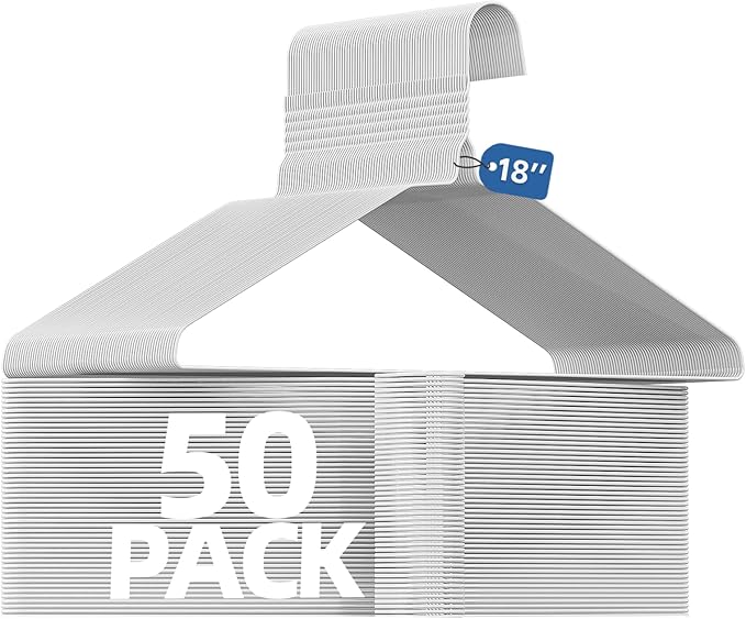 SPECILITE 18 Inch Wire Metal Clothes Hangers Bulk 50 Pack for Large Size Suits, Coats, Shirts, Pants, Skirts, Space Saving, Non Slip,12 Gauge Ultra Thin, White