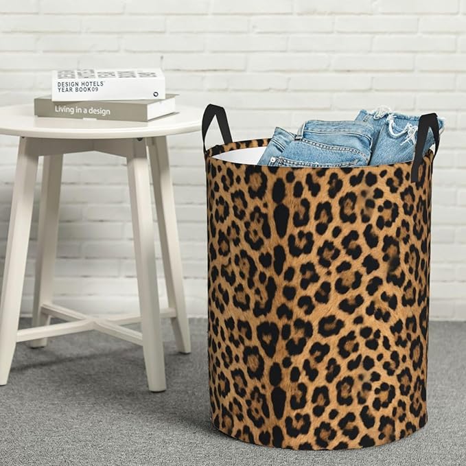 Leopard Cheetah Round Laundry Hamper Wildlife Fur Print Storage Basket Toys Clothes Organizer Bin For Home Bathroom Bedroom Dorm Nursery, 62l
