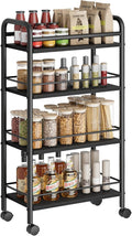 Slim Storage Cart, 4-Tier Small Rolling Cart with Wheels, 9.1" Deep, Narrow Bathroom Shelf Trolley for Kitchen, Bathroom, Laundry Room, Black Large 4-Tier (9.1" W x 33.6" H)