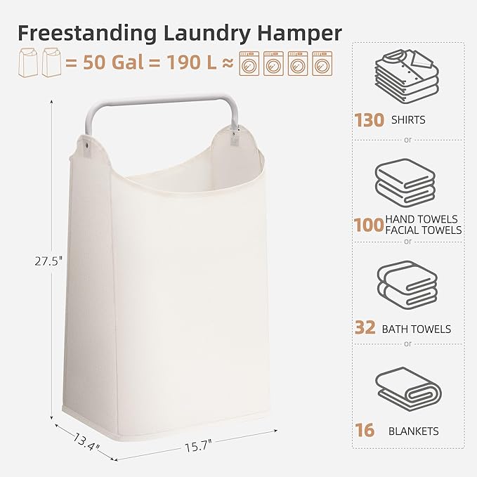 STORAGE MANIAC 2 Pack Large Laundry Hamper with Sturdy Metal Handle, Collapsible Laundry Basket, Freestanding Waterproof Clothes Hamper for Laundry Room, Bedroom, Dorm, Towels, Toys, White