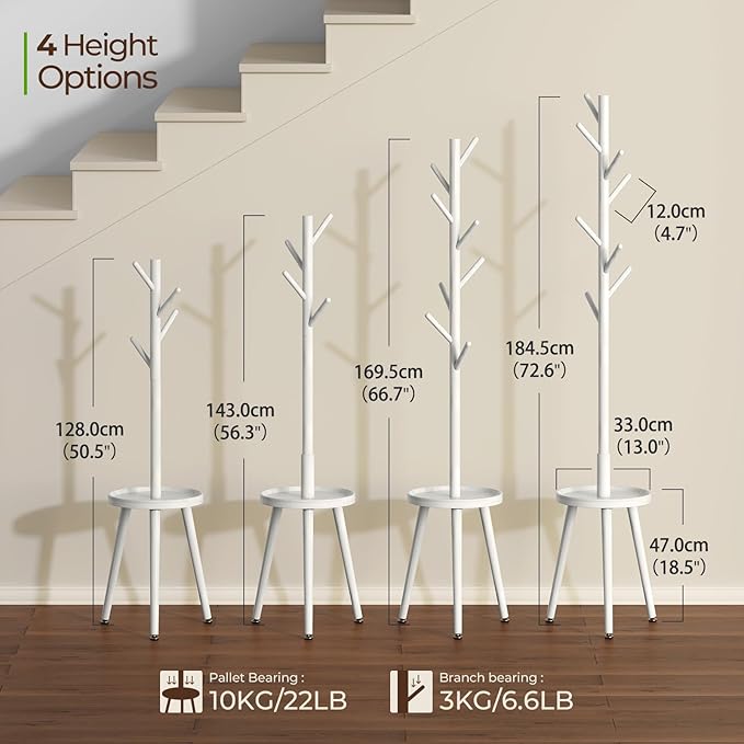 GREENSTELL Coat Rack with 8 Hooks, Wooden Coat Rack Freestanding with Shelf, Coat Tree with 4 Height Options 50.5"-72.6", Coat Hanger Stand for Bags, Clothes, Umbrellas, Hats, in Home, White
