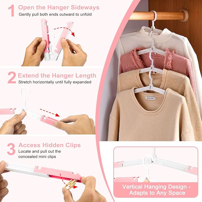 Foldable Travel Hangers for Cruise, 6 Pack Portable Collapsible Hangers with Clips, Folding & Space-Saving Suitcase Hangers for Travel, (Pink-White)