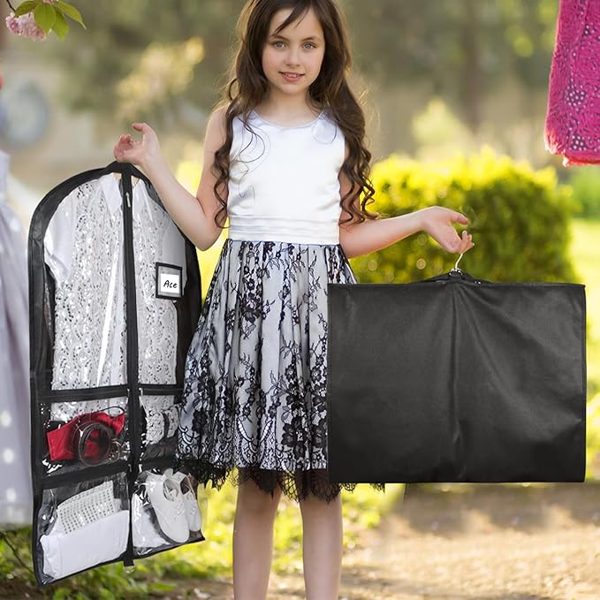 Syeeiex 3" Gusseted Clear Dance Costume Garment Bag(5 Pack), 40'' Dance Garment Bags for Dancers with 4 Zipper Pockets & Can Hold 1-3 Dance Costumes - Suitable for Dance Competitions, Ballet(Black)