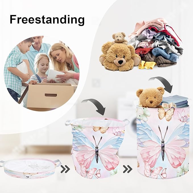 3D Pastel Butterfly Baby Laundry Hamper Collapsible Clothes Kids Storage Basket Large Girls Gift Toy Box Bin for Bedroom, Colorful, 63L