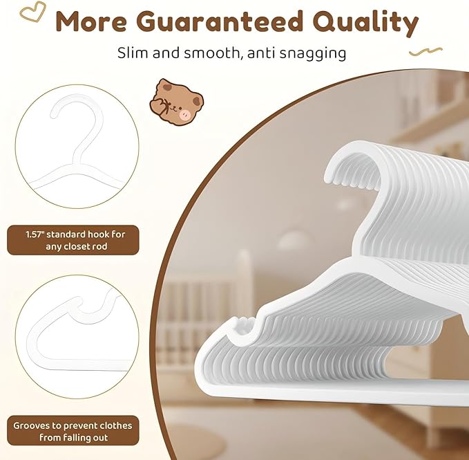 Plastic Kids Hangers - 150 Pack Non-Slip Baby Clothes Hangers for Closet, Toddler & Newborn Clothing Pants, Skirts, Coats (White)