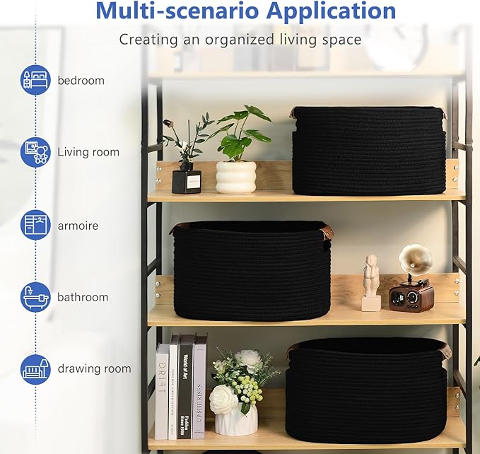 Cotton Rope Basket, Storage Baskets with Handle, 15x10x9 Inch Woven Basket for Shelves, Laundry, Towels, Clothes, Books, (Black 3Pack)
