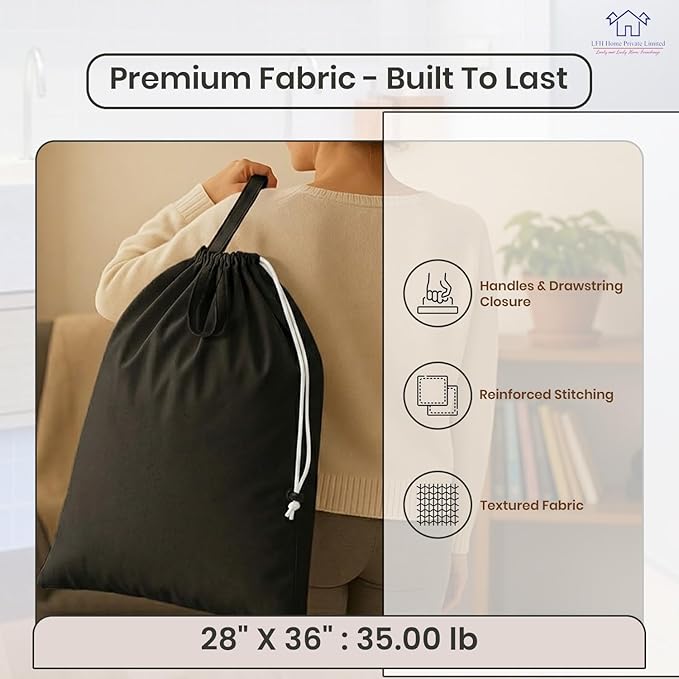 LFH Home Large Premium Cotton Canvas Laundry Bag with Drawstring and Handles Heavy Duty, Multi-Use, and Washable for Home, Travel, College or Storage 28x36 (Pack of 4)-Black