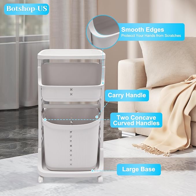 Laundry Hamper Basket, 2-Tier 3 Baskets Removable Basket Cart with Wheel, Dirty Clothes Storage Organizer Shelf, Plastic Stackable Washing Clothes Sorter for Bathroom, White