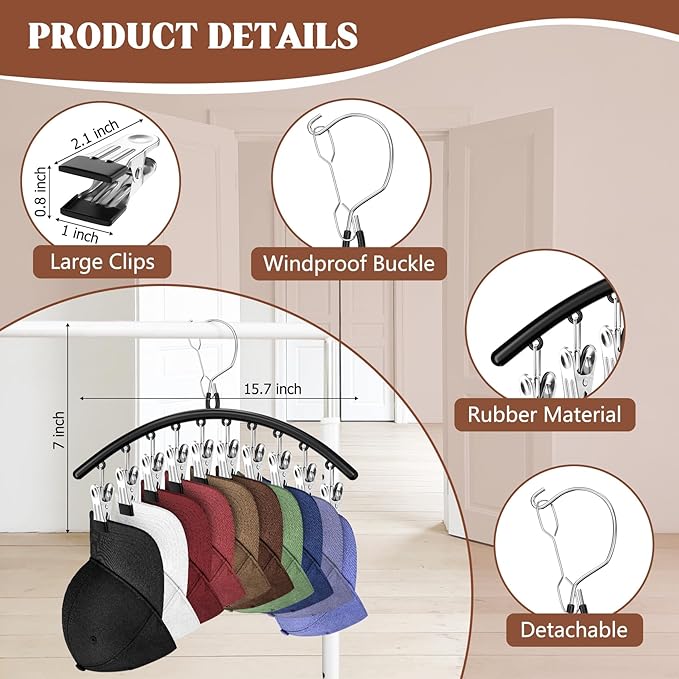 3 Pack Hat Hangers for Closet Display, Metal Hat Organizer for Baseball Caps with 30 Clips, Hats Rack Holder for Closet, Hats Storage for Baseball Caps Beanie Accessories Men Women, Black