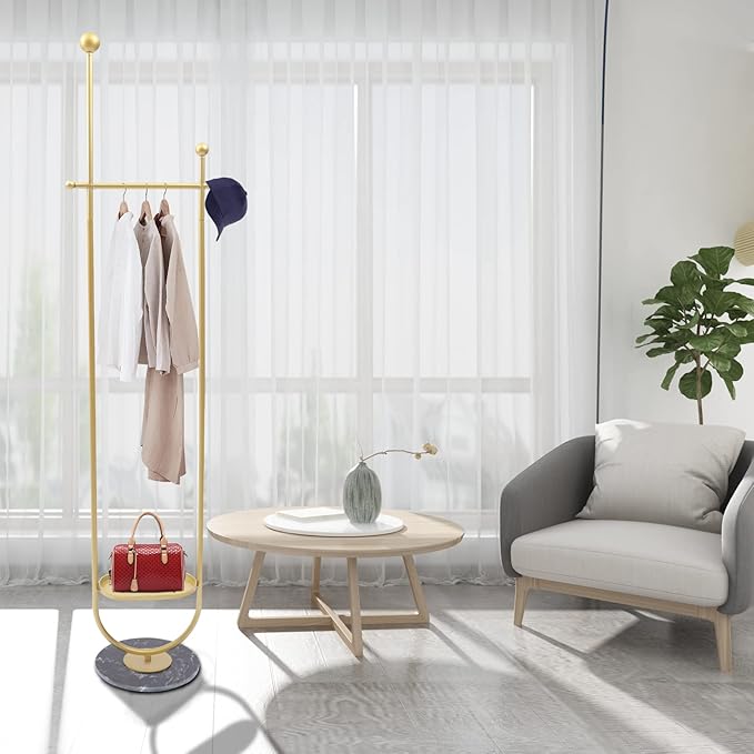 73in-Gold Clothing Garment Rack with Storage Shelf and Hat Hooks, Freestanding Coat Rack Stand Hanging Clothes, Bags, Hat for Entryway Bedroom Organizer Clothing Stores Boutique Retail