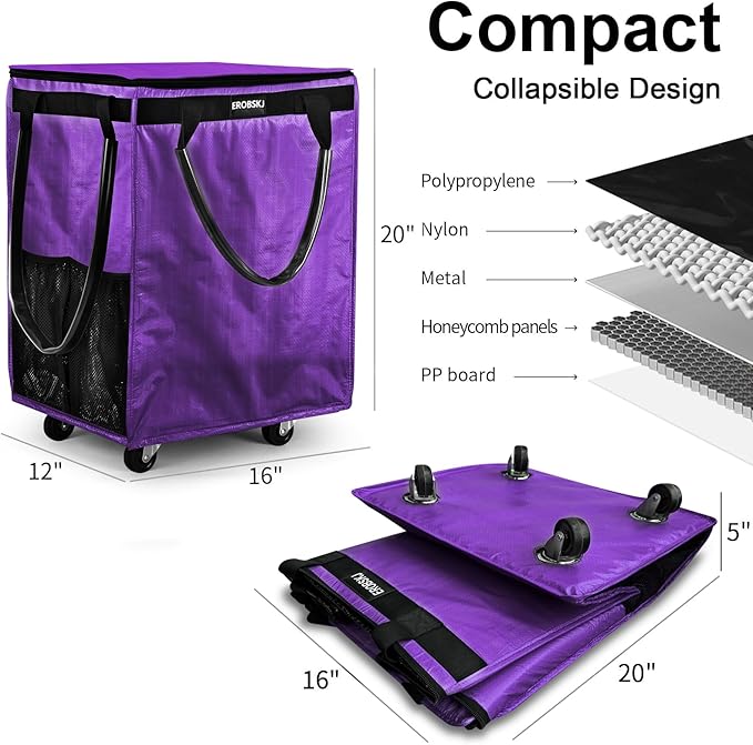 (Medium,Purple) Reusable Grocery Bag on Wheels, 70L Foldable Rolling Tote, Carries Up to 66 lbs Shopping Trolley, Zipper Clouser Shopping Carts for Trips, Laundry, 4 Heavy Duty Wheels and 3 Handles