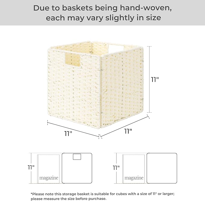 StorageWorks 11 inch Wicker Baskets, Handwoven Storage Cubes with Handles, Foldable Paper Rope Basket for Organizing, Beige, 2 Pack