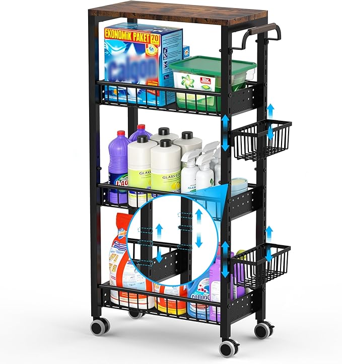 7.8 Inch Ultra-Slim 4-Tier Rolling Storage Cart with Adjustable Shelves - Lockable Wheels & Wooden Top for Narrow Spaces Between Washer/Dryer, Bathroom, Kitchen Organization (Black)