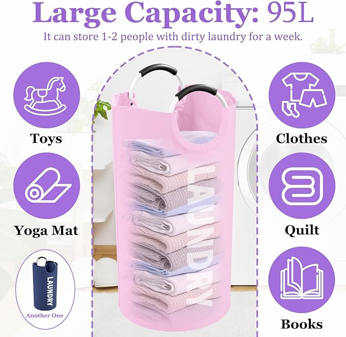 2Pcs Folding Laundry Basket for Adult, 95L Portable Laundry Baskets with Aluminum Handles, Multi-functional Dirty Clothes Hampers for Bedroom, Travel, Navy Blue + Pink