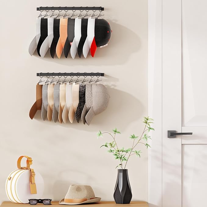 Hat Rack Wall Set of 2, Wall Mounted Hat Hanger Metal with Hooks for Baseball Cap Cowboy Hat, Closet Storage Organizer for Bedroom Entryway