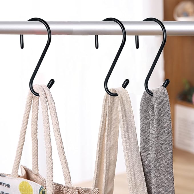 12 Pack 4-1/2 Inch S Hooks, Large Vinyl Coated Closet Hooks Non Slip Heavy Duty for Hanging, Steel Metal Black Rubber Coated for Jeans Plants Clothes Pot Pan Cups Towel