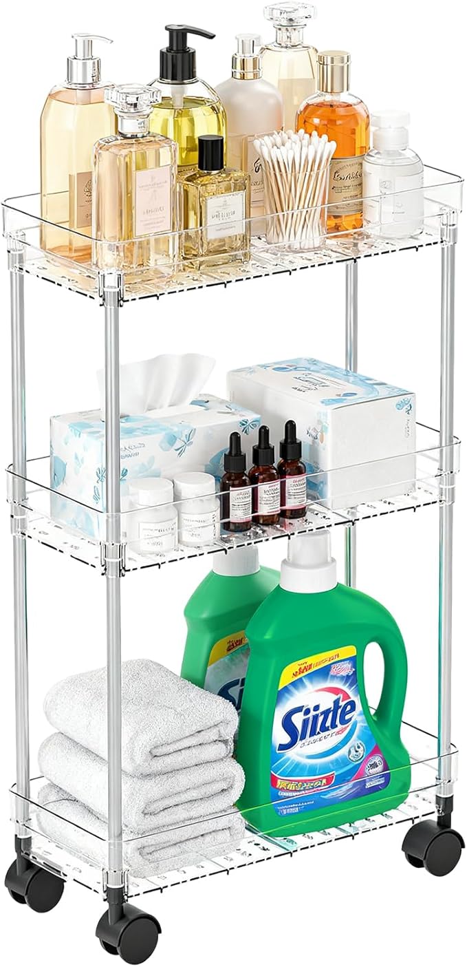 Betoveren 3 Tier Slim Storage Cart with Wheels Slim Rolling Utility Cart Mobile Shelving Units Organizer for Narrow Space in Home Kitchen Bathroom Laundry Room Transparent (Width 6.3 Inches)