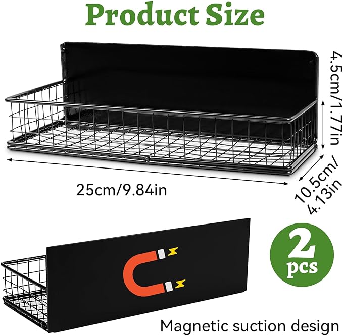 2 Pack Magnetic Basket for Fridge, Magnetic Spice Rack for Side of Refrigerator, Small Magnet Wire Bin Basket Fridge Shelf Organizer Kitchen Classroom Whiteboard Pantry Office Storage, Black