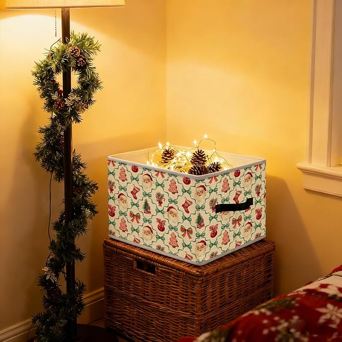 Red and Green Coquette Bow Santa Trellis Christmas Storage Bins, Gingerbread Stocking Tree Holiday Foldable Closet Organizers Storage Basket Toybox for Clothes Bed Sheets Blankets Toys