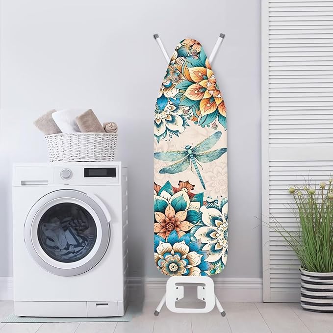 Boho Floral Dragonfly Ironing Board Cover 15x54 Inches,Standard Size Ironing Board Cover,Heat Reflective,3-Layer Thick Pad,Hook and Loop Fastener