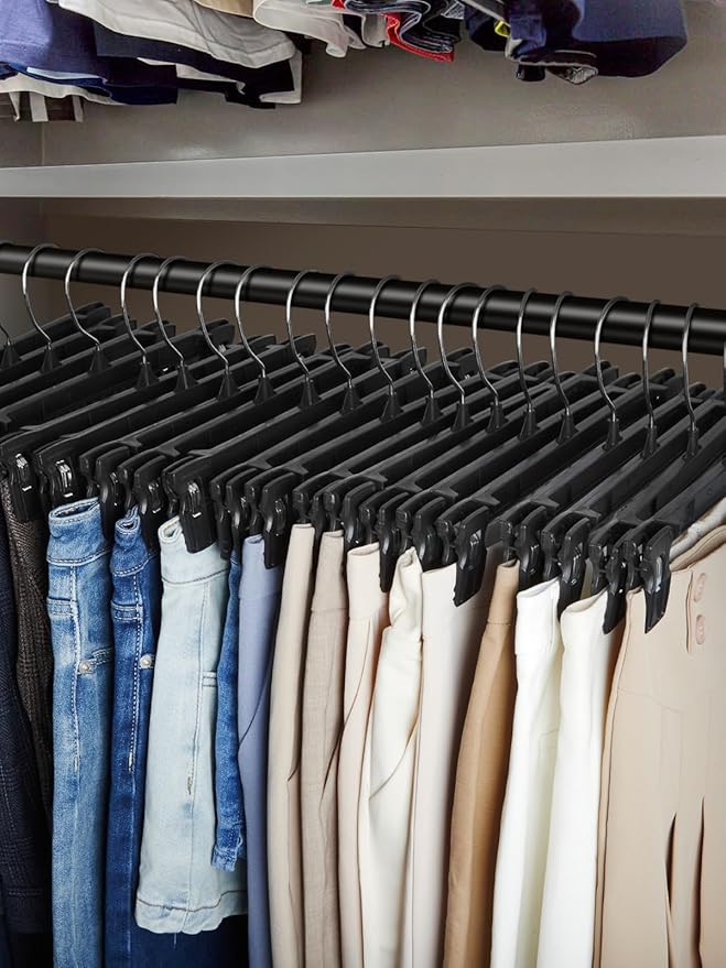 Smartor Space Saving Heavy Duty Hangers - 300 Pack, Slim Plastic Pants and Shorts Hangers, Ridged Non-Slip with Pinch Clips, 360-Rotating Chrome Swivel Hook, Black, 14 Inches