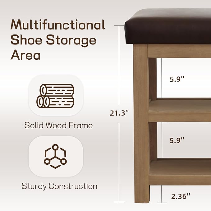 Shoe Rack Bench with Leather Cushion, 2 Tier Solid Wood Storage Bench, Mid-Century Modern Shoe Bench for Entryway, Hallway, Closet, Front Door Entrance, Foyer (Dark Brown, 39.4")