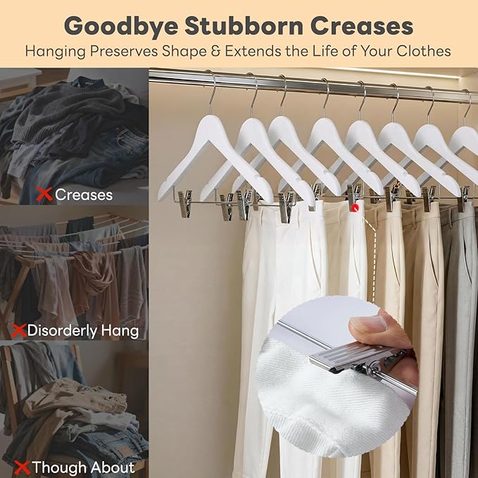 HOUSE DAY Wooden Hangers with Clips 12 Pack, Heavy Duty White Wood Pants Hanger, Premium Skirt Hanger with Adjustable Clips, Solid Clip Hangers for Suit, Blouse, Dress, Coat, Jacket, Bottom
