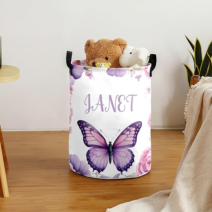 Large Custom Name Laundry Hamper, Butterfly Personalized Dirty Clothes Hamper Storage Basket with Name for Bathroom Bedrooms, Customized Name Circular Hamper with Handles for Baby Boys Girls Men Women