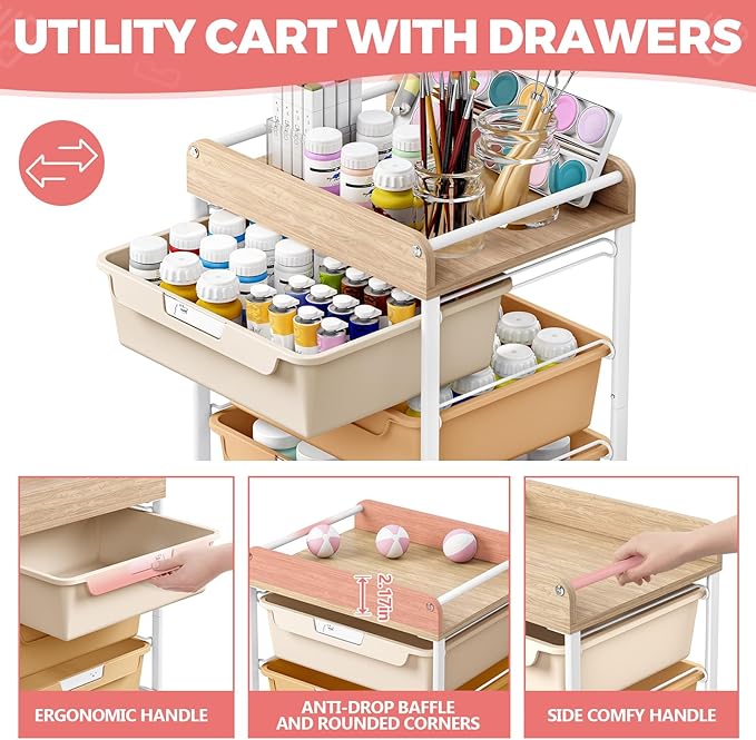 APEXCHASER 6-Drawer Plastic Organizers on Wheels,Rolling Storage Cart with Wooden Top, Mobile Drawer Unit for Classroom, Crafts, Art Supplies, and Home Organization,Rainbow