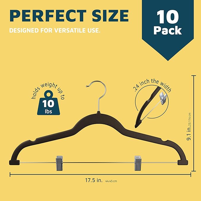 Lifemaster Velvet Skirt Hangers – with Adjustable Clips, 360 Degree Swivel Hook, and Non-Slip Shoulder Notch, Holds Up to 10 lbs, for Organizing Skirt, Pants, Dress, and Clothes, Pack of 10, Brown