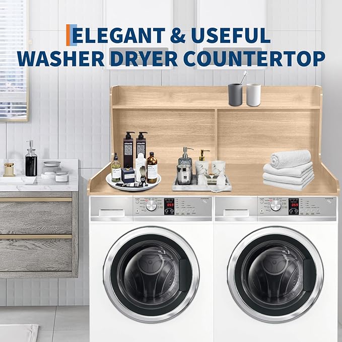2-Tier Washer Dryer Countertop, 54" W x 27.55" D Laundry Countertop Organization with Non-Slip Pad, Wooden Washer and Dryer Topper for Folding Clothes, Laundry Room Storage