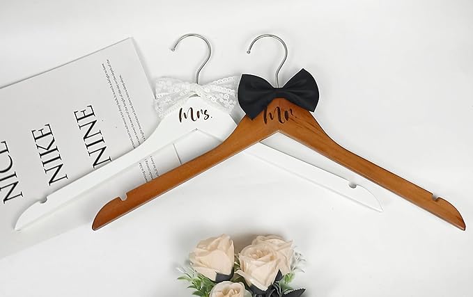Mr. and Mrs. Wooden Bride Hanger, Wedding Dress Hangers for Bride with White Bow - Groom's Hanger with Black Bow Tie - Set of 2 (White + Vintage)