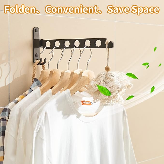 JOOM Retractable Folding Wall Hanger Folding Clothes Hanger Rack Clothes Storage Organizer Laundry Hanger Sturdy Hanging Dryer Rack Clothes Hooks of Metal（Matte Black，Two Pack）