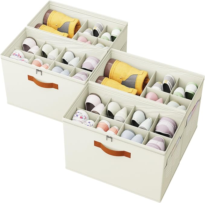 4 Pack Shoe Organizer for Closet,Foldable Shoe Storage Organizer with Adjustable Dividers, Shoe Storage Box with Clear Cover, Fits up to 16 Pairs, Beige