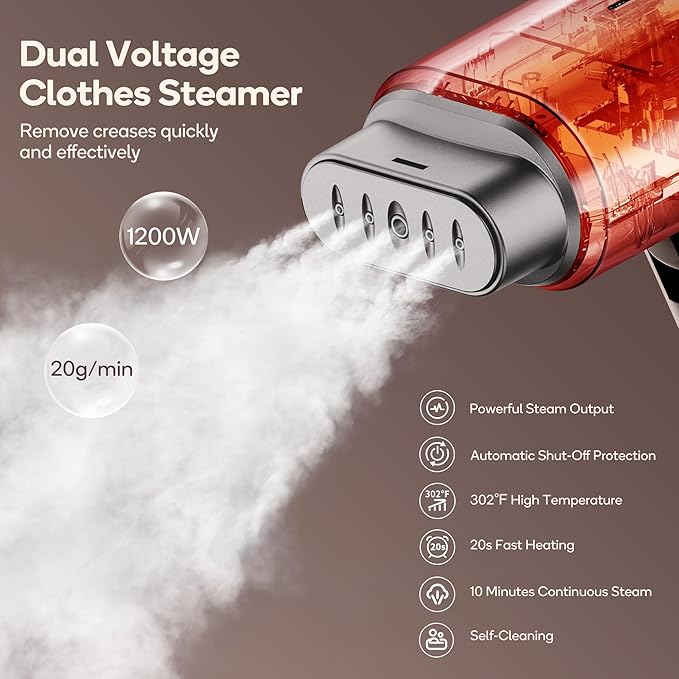 Newbealer Professional Business Travel Steamer, 1200W High-Power Dual Voltage (100-240V), Fast 20s Heat Up for Clothes Horizontal Vertical Steaming, Foldable & Solid 1.72 lbs, 180ml (Brown)