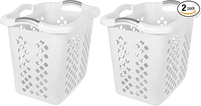 2-Pack 2 Bushel Plastic Laundry Basket with Silver Handles, Space-Saving Dirty Clothes Organizer for Home Apartment Dorm (White)