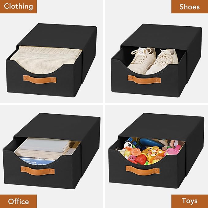 4 Pcs 16.5" Closet Drawers and Large Size Clothes Storage Bins Push-Out Storage Stackable Shelf Drawers with See-Through Window Closet Organizers for Bedroom, Living Room, Under Bed, Black