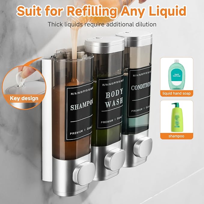 Shampoo and Conditioner Dispenser,Shower Dispenser 3 Chamber No Drill Wall-Mounted Shampoo Dispenser for Shower Wall Mounted Shower Soap Dispenser for Bathroom Hotel Large Capacity,Light Silver