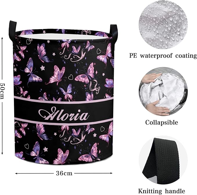 Large Custom Name Laundry Hamper, Butterfly Personalized Dirty Clothes Hamper Storage Basket with Name for Bathroom Bedrooms, Customized Name Circular Hamper with Handles for Baby Boys Girls Men Women