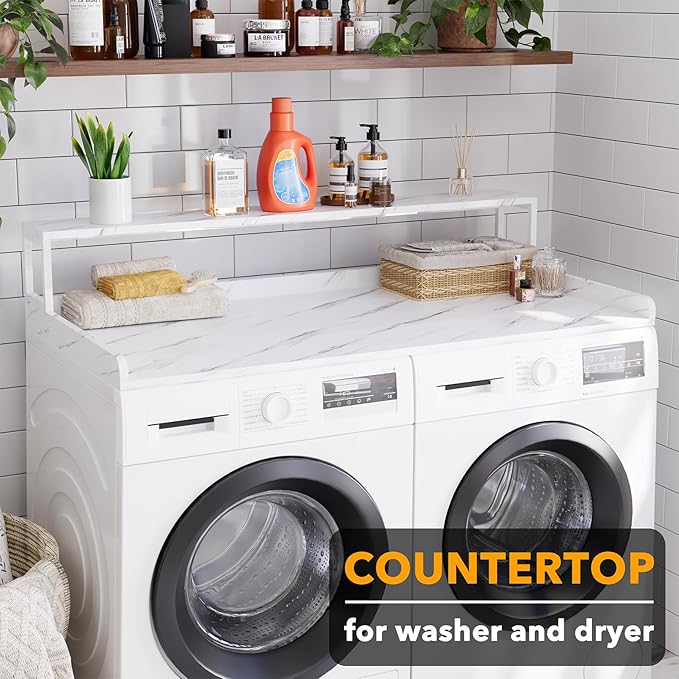 SpaceAid 2-Tier Washer Dryer Countertop, Laundry Topper with Rack Shelf 54" Width x 27.5" Depth x 10" Height Organizer Cover for Washer and Dryer Laundry Hamper Counter Storage (White Marble)