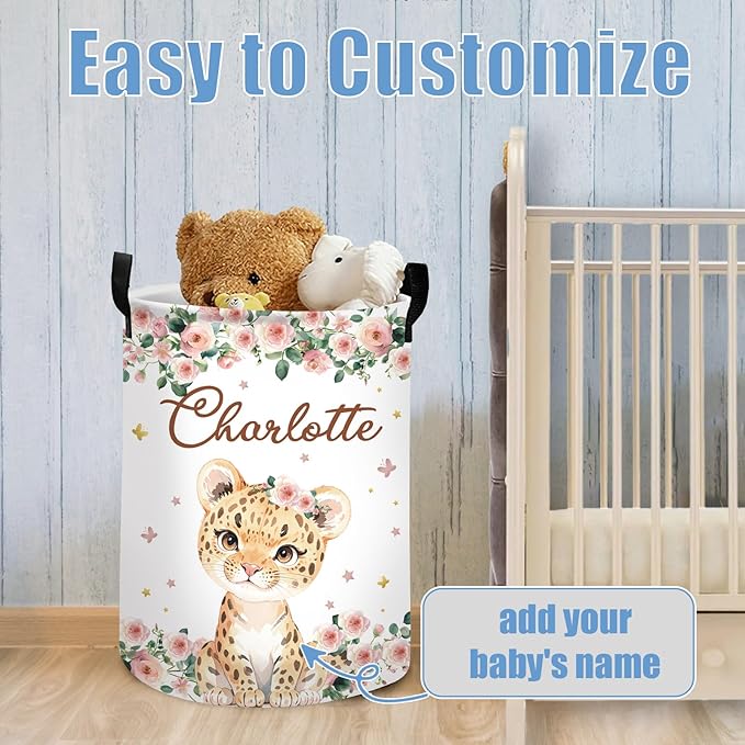 Custom Baby Girl Laundry Basket for Nursery, Personalized Name Pink Lion Baby Laundry Hamper with Handles, Customize Baby Clothes Hamper for Toddler Girls Adults 2 Sizes
