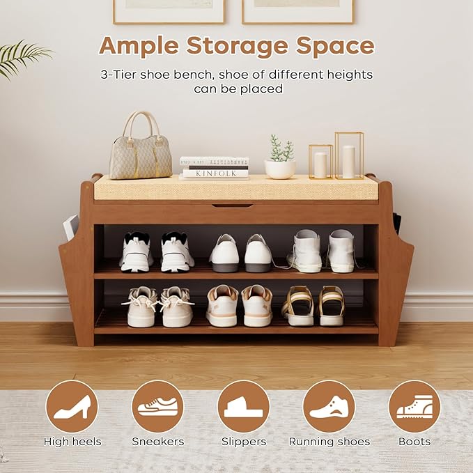 34.3in Shoe Bench, Bamboo 3-Tier Entryway Bench with Storage, Shoe Rack Organizer Holds Up to 330 lb, 34.3 x 11.8 x 18.9 Inches for Entryway Bedroom Closet Living Room Hallway
