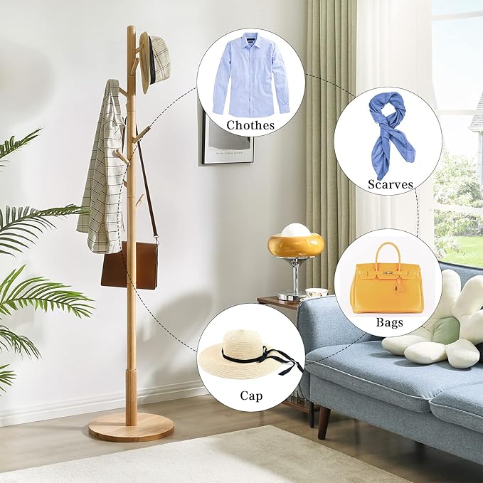 IBUYKE Coat Rack Stand, Freestanding Coat Tree with Solid Round Base and 8 Hooks, Easy Assembly Wooden Coat Hanger, Clothes Rack for Hallway Entryway, Living Room, Bedroom, Natural Color WD-115