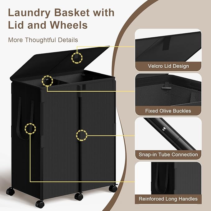 Chrislley 160L Large Double Laundry Hamper with Lid and 6 Wheels, Rolling Laundry Basket with 2 Removable Bags, Heavy Duty Metal Frame Laundry Cart, Dirty Clothes Hamper for Bathroom, Bedroom (Black)