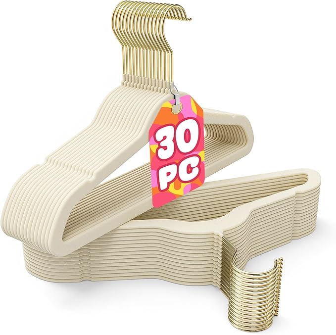 Korpai 30 Pack Baby Velvet Hangers 11 Inch,Non-Slip,Ultra Slim,Space-Saving Baby Hangers with 360° Swivel Hook, 7LBS Capacity,Baby Clothes Hangers Ideal for Baby Romper/Dresses/Shirts/Coats/, Beige