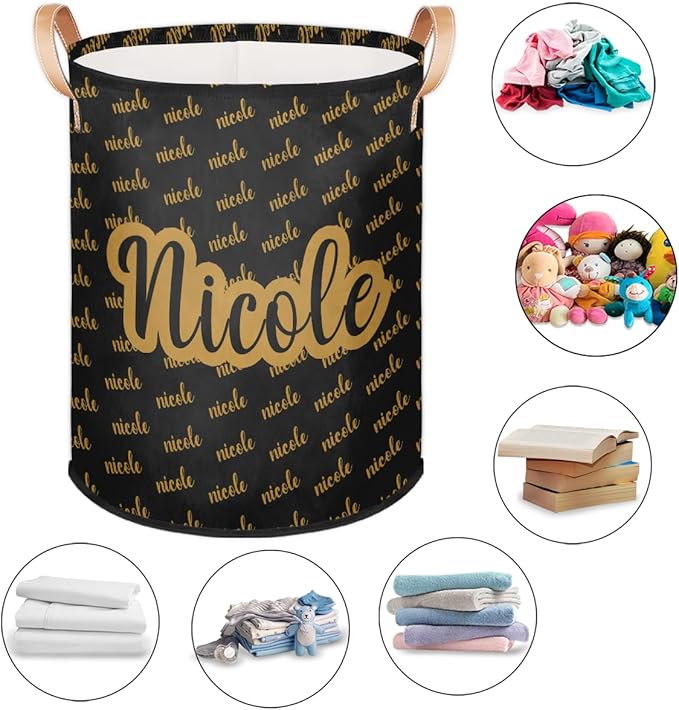 Custom Name Laundry-Hamper, Personalized Kids-Clothes-Hamper Foldable with Name, Customized Storage Basket with Handles Waterproof Gift for Boys Girls Baby Women,Black Yellow