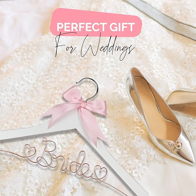 Bride Hanger for Wedding Dress, Wooden Gown Display with White Finish, Elegant Keepsake for Ceremony Photos, Bridal Shower Gift, Getting Ready Accessory for Special Day (White Wood Rose Gold Wire)