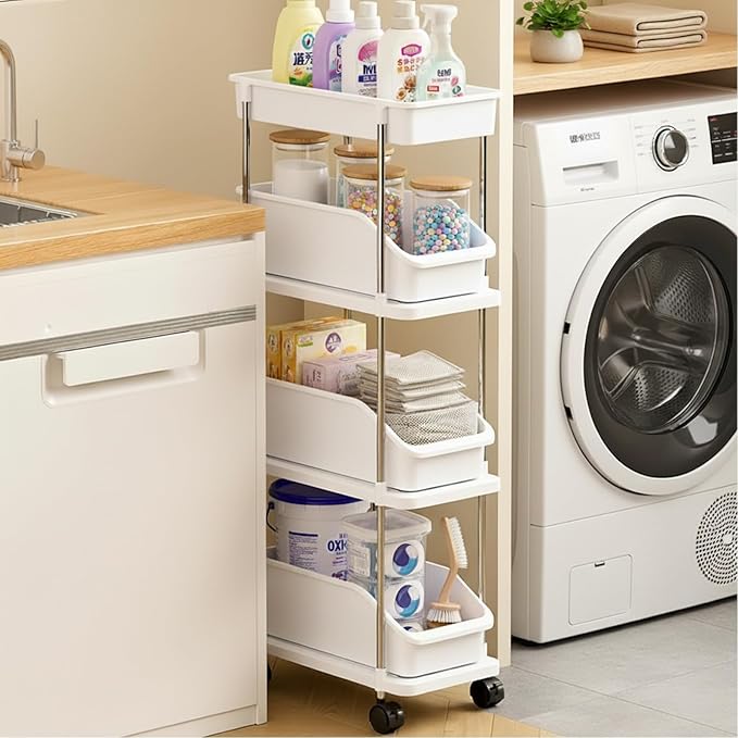 Slim Storage Cart 4 Tier Slim Rolling Utility Cart with Pull-Out Baskets & Wheels for Narrow Space in Kitchen Dining Room Bathroom Laundry Room Cream White (Width 6.3 Inches)